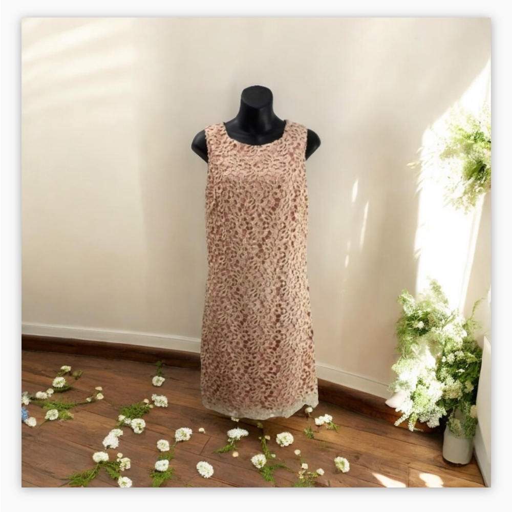 Eliza J Blush Gold Embroidered SheathDress-Floral CrochetLace Overlay-NWOT-Sz10​
